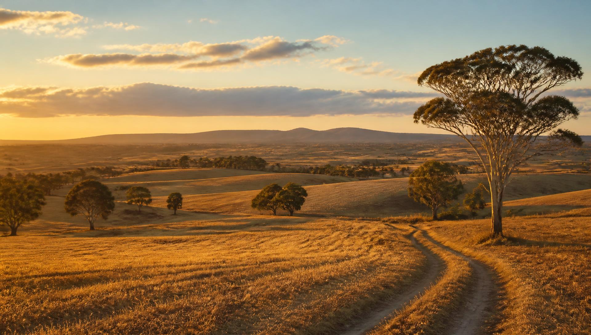 Golden-hour farmland and gum trees in regional Australia